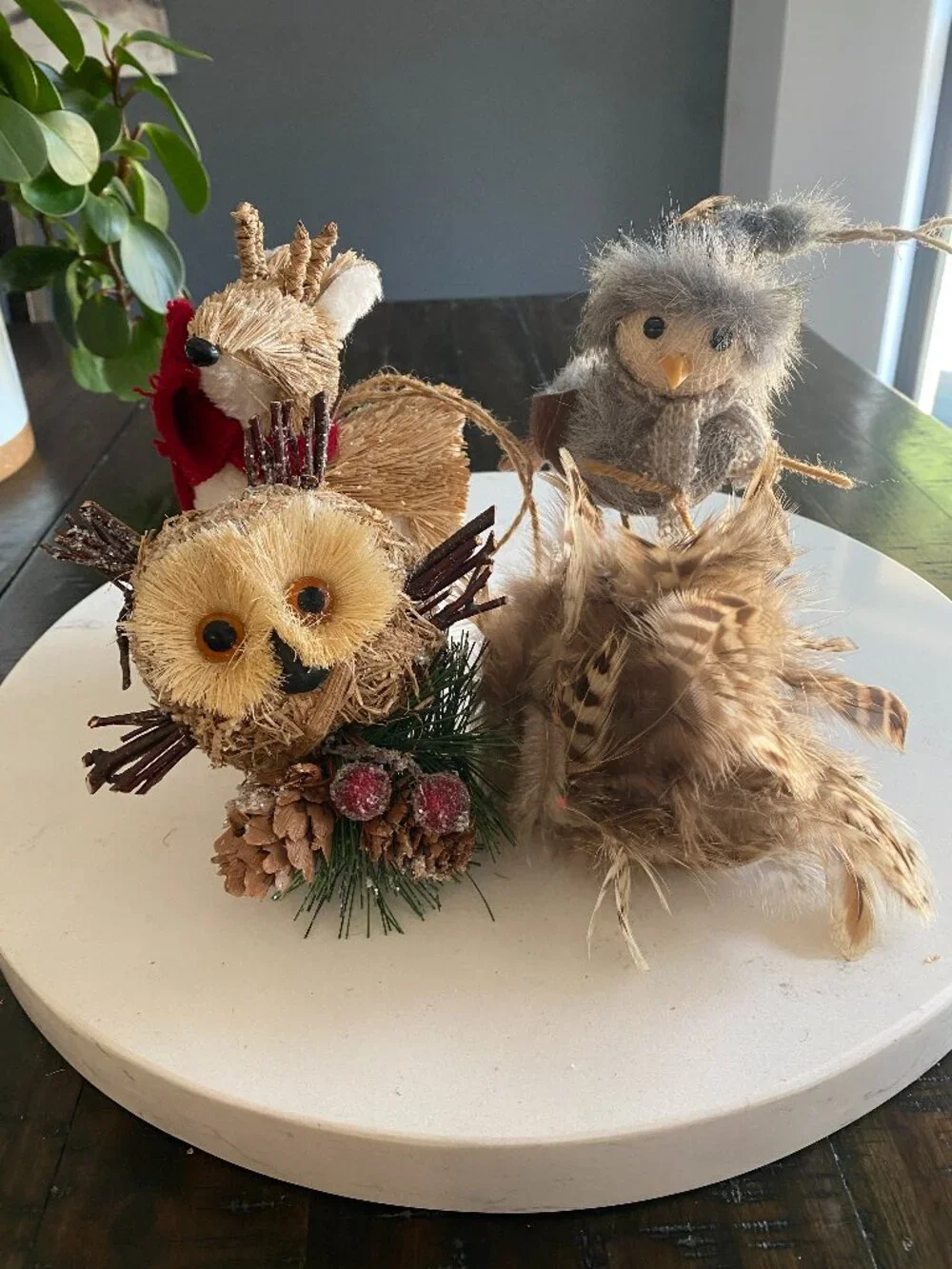 Rustic Woodland Christmas Ornaments Lot of 4 Owl Reindeer Sisal Feather Décor